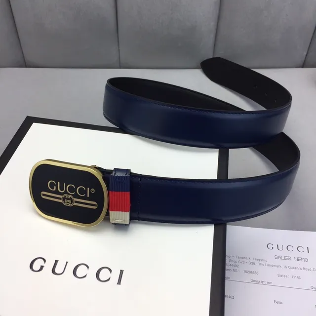 Gucci Ophidia Navy Black Oval Buckle Gold-Tone Hardware Leather Belt 2