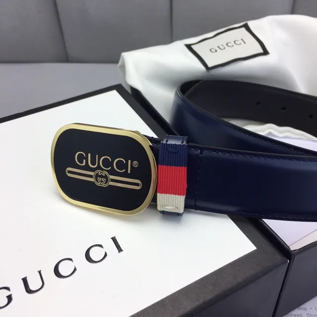 Gucci Ophidia Navy Black Oval Buckle Gold-Tone Hardware Leather Belt 3