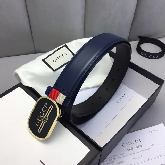Gucci Ophidia Navy Black Oval Buckle Gold-Tone Hardware Leather Belt 4
