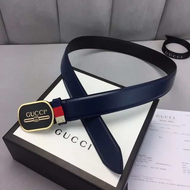Gucci Ophidia Navy Black Oval Buckle Gold-Tone Hardware Leather Belt 6