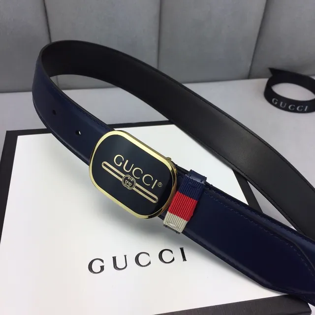 Gucci Ophidia Navy Black Oval Buckle Gold-Tone Hardware Leather Belt 9