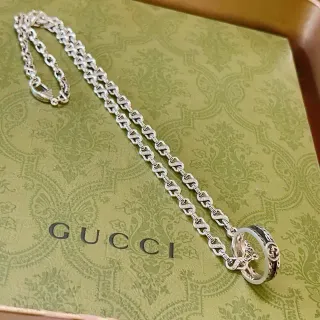 Gucci Ophidia Silver Black Interlocking G Pendant Link Chain Necklace