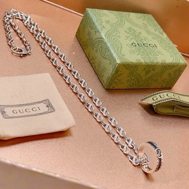 Gucci Ophidia Silver Black Interlocking G Pendant Link Chain Necklace 3