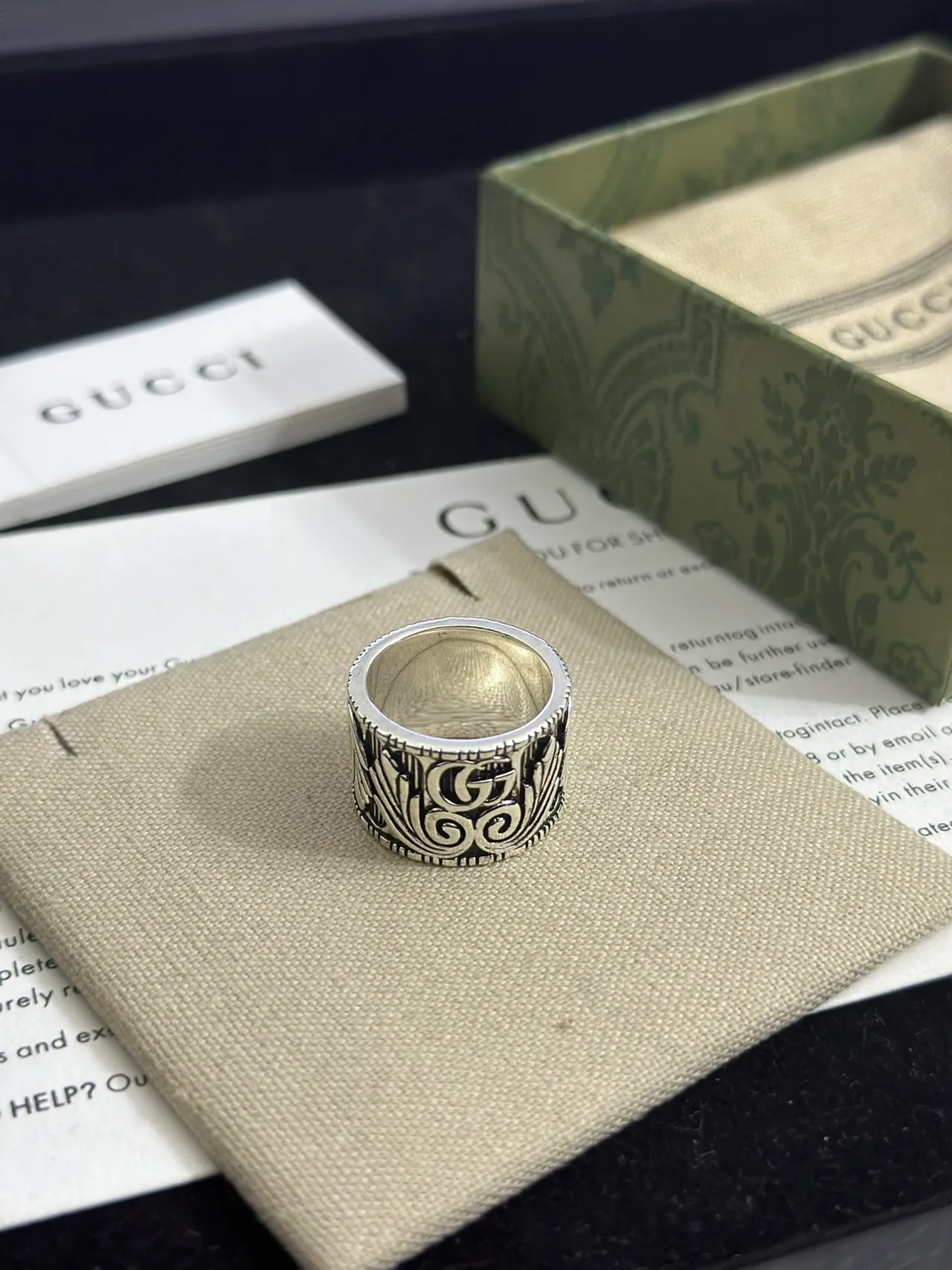 Gucci Ornate Scrollwork Wide Band Silver Ring 5
