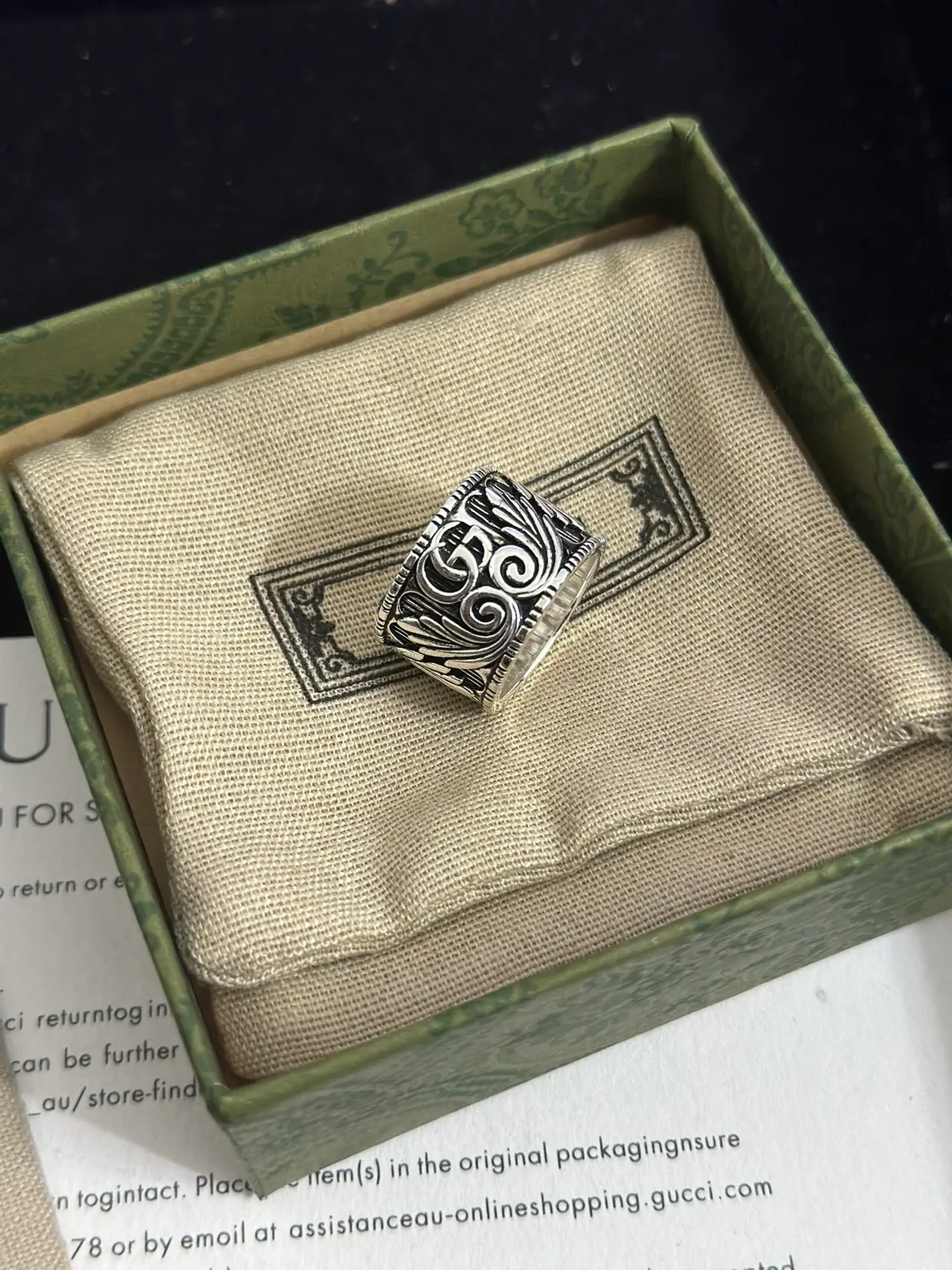 Gucci Ornate Scrollwork Wide Band Silver Ring 7