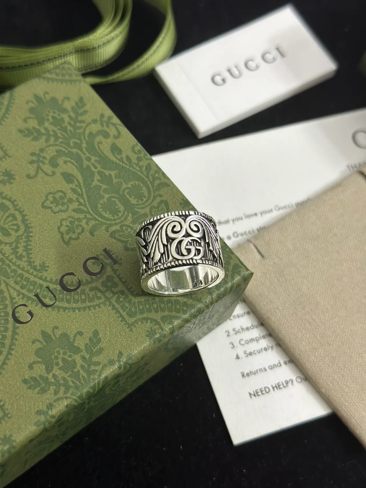 Gucci Ornate Scrollwork Wide Band Silver Ring 9