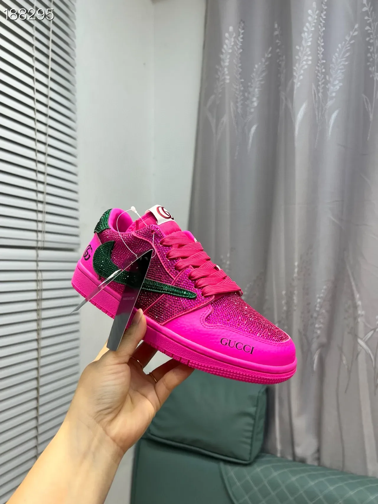 Gucci Pink Green Crystal-Embellished Web Stripe Lifestyle Sneakers 6