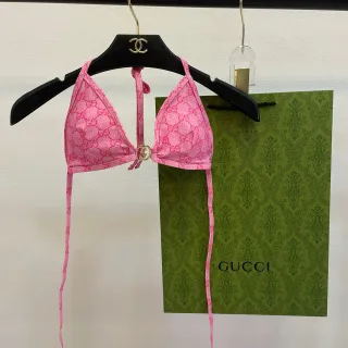 Gucci Pink Halter Triangle All-Over GG Monogram Swimwear