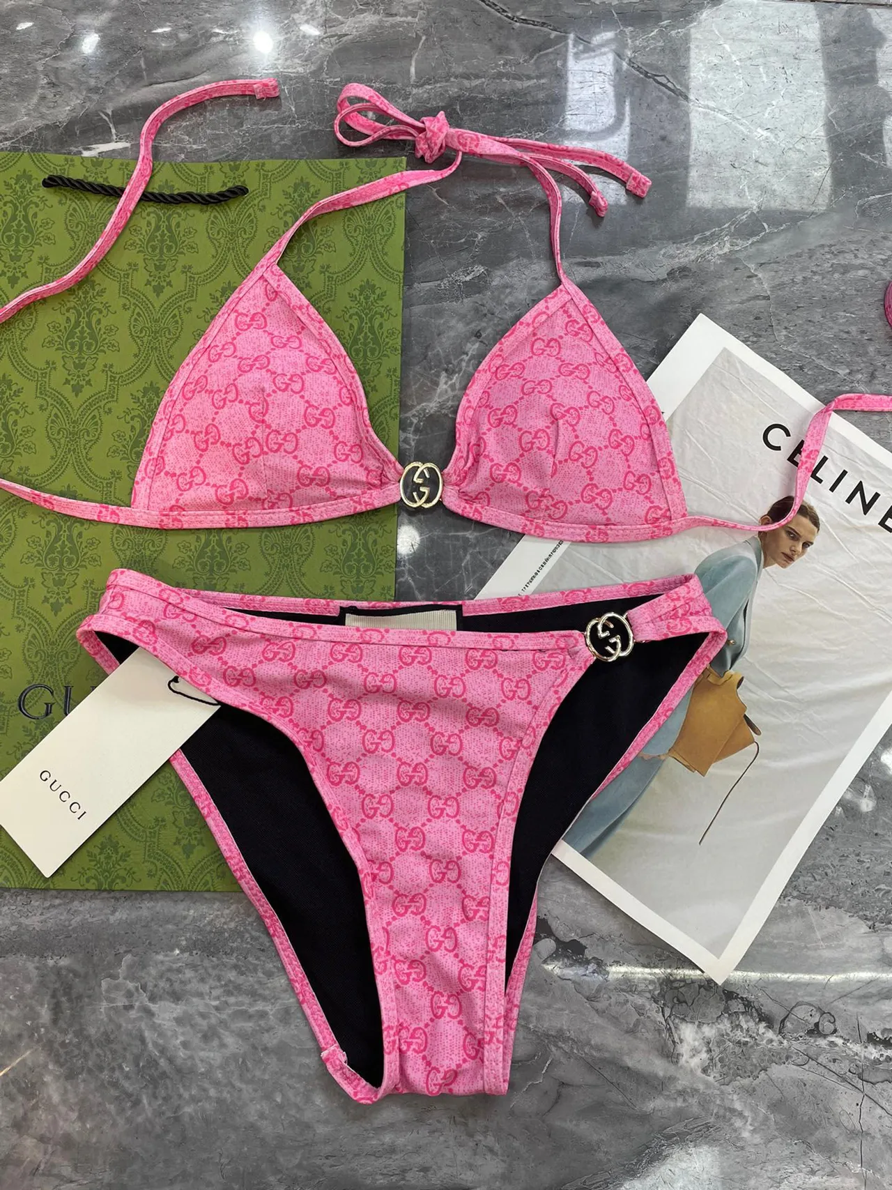 Maillot de bain Gucci rose Halter Triangle All-Over GG Monogram 9