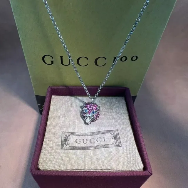 Collier Gucci Violet Multicolore Cristal-Pavé Pendants Tête d'Animal Accent Perle 6