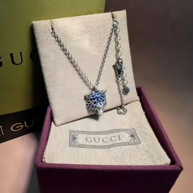 Collier Gucci Violet Multicolore Cristal-Pavé Pendants Tête d'Animal Accent Perle 8