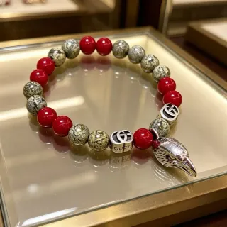 Gucci Red Silver Beaded Stone And Metal Bracelet