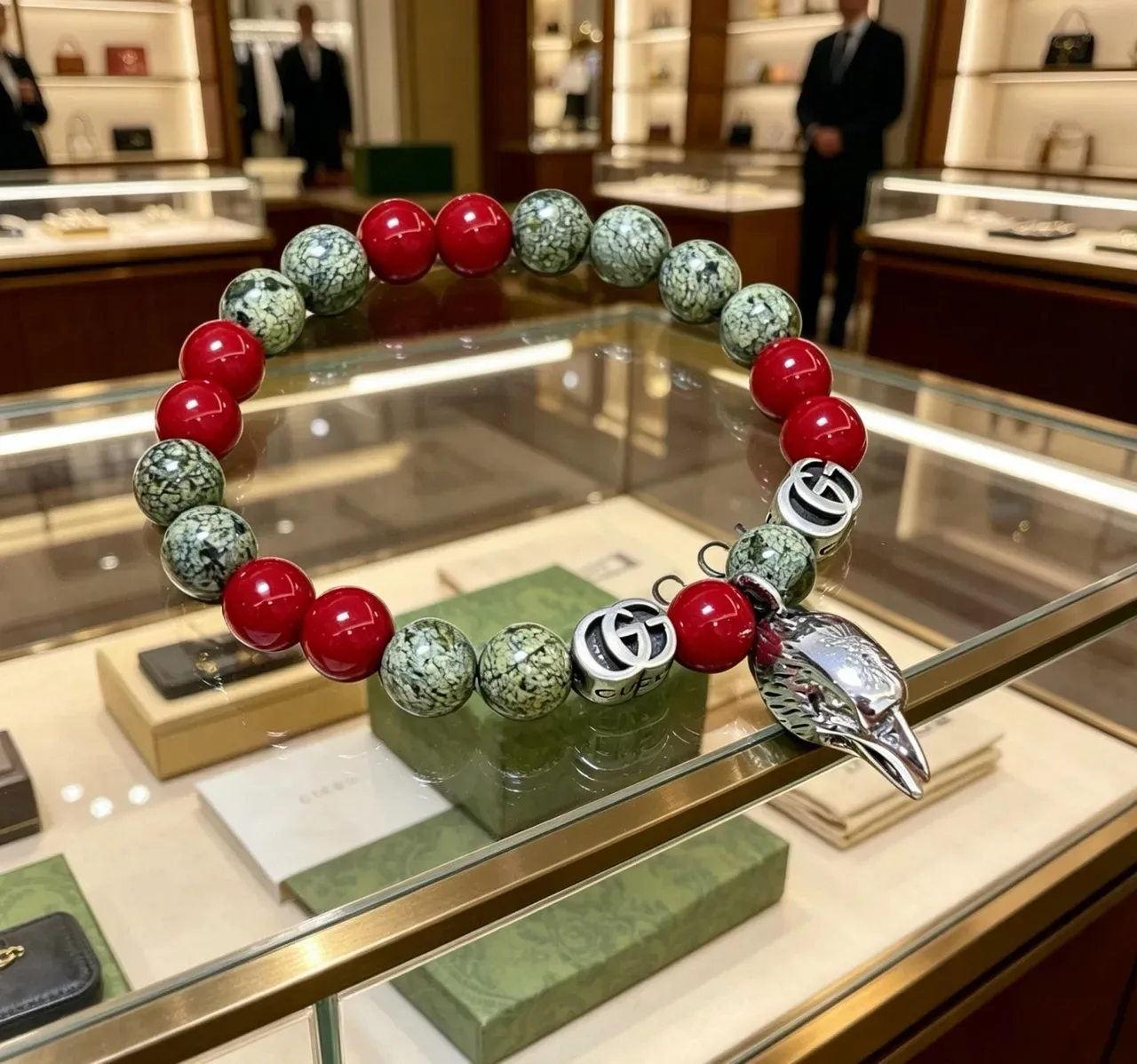 Gucci Red Silver Beaded Stone And Metal Bracelet 2