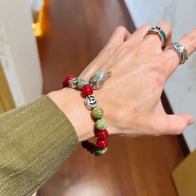 Gucci Red Silver Beaded Stone And Metal Bracelet 3