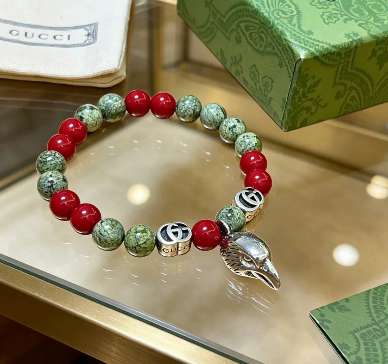Gucci Red Silver Beaded Stone And Metal Bracelet 4