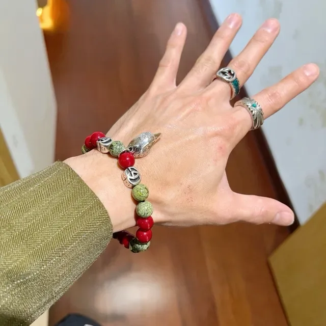 Gucci Red Silver Beaded Stone And Metal Bracelet 8