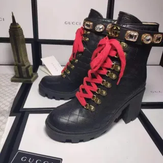 Gucci Rhyton Black Quilted Leather Red Lace Ankle Boots