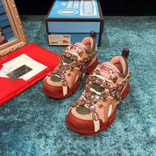 Gucci Rhyton Crystal-Embellished Pink and Red Chunky Sneakers