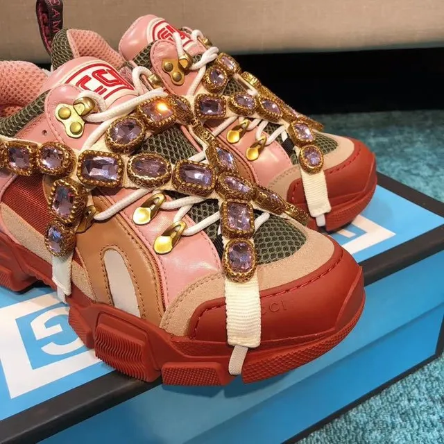 Gucci Rhyton Crystal-Embellished Pink and Red Chunky Sneakers 2