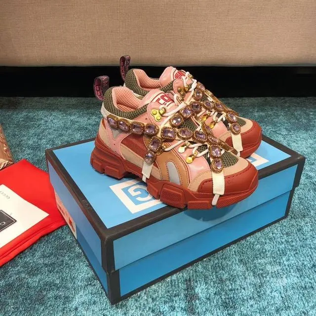 Gucci Rhyton Crystal-Embellished Pink and Red Chunky Sneakers 3