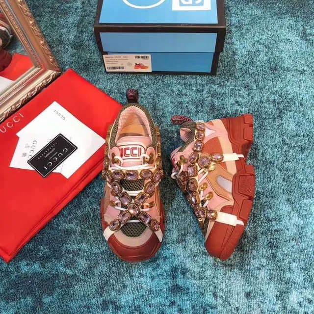 Gucci Rhyton Crystal-Embellished Pink and Red Chunky Sneakers 4