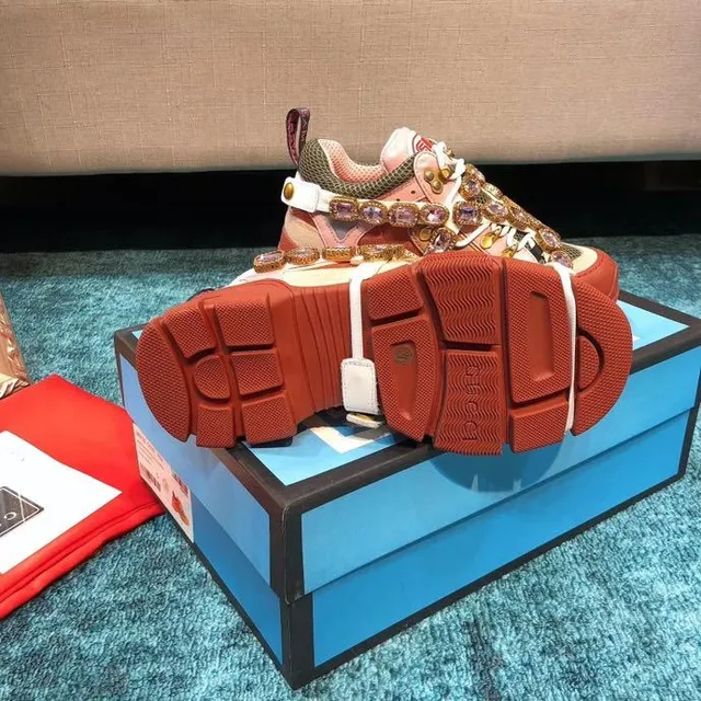 Gucci Rhyton Crystal-Embellished Pink and Red Chunky Sneakers 5