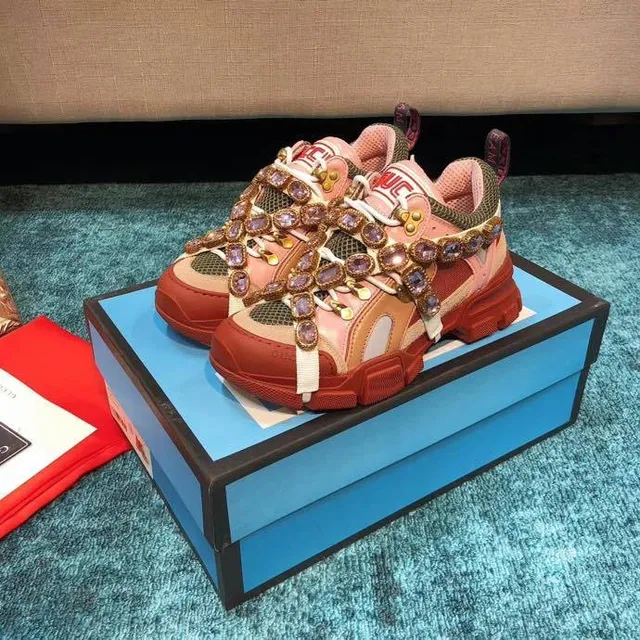 Gucci Rhyton Crystal-Embellished Pink and Red Chunky Sneakers 6