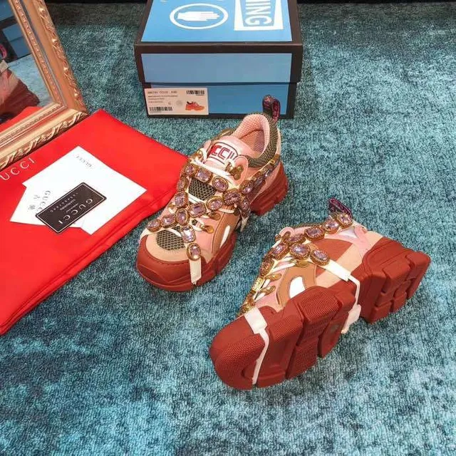 Gucci Rhyton Crystal-Embellished Pink and Red Chunky Sneakers 7