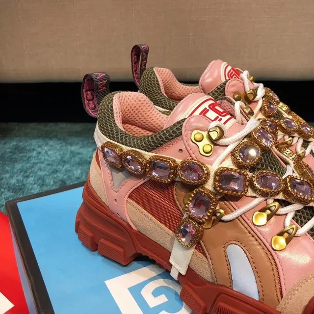 Gucci Rhyton Crystal-Embellished Pink and Red Chunky Sneakers 8