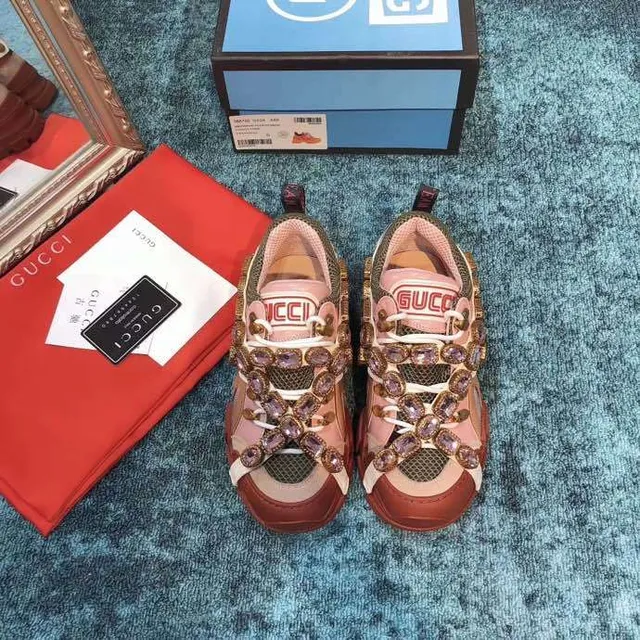 Gucci Rhyton Crystal-Embellished Pink and Red Chunky Sneakers 9