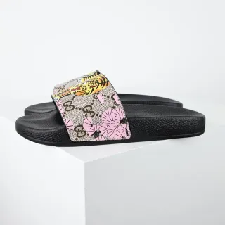 Gucci Screener काला बहुरंगी छपे पट्टा बाघ प्रेरणा चप्पल