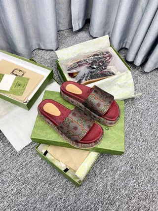 Gucci Screener GG Monogram Red Platform Slippers 2