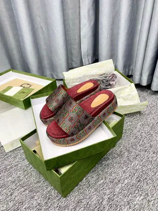 Gucci Screener GG Monogram Red Platform Slippers 6