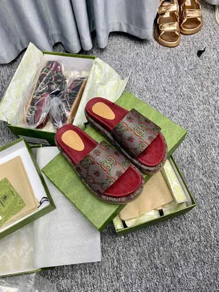 Gucci Screener GG Monogram Red Platform Slippers 7