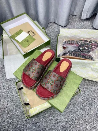 Gucci Screener GG Monogram Red Platform Slippers 9