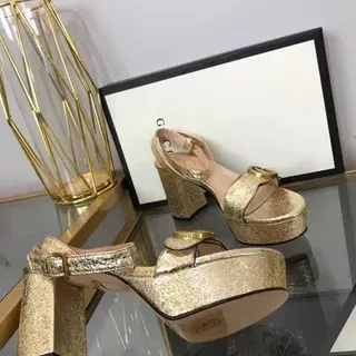 Gucci Screener Gold Black Glitter Platform Block Heel