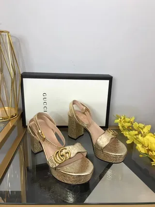 Gucci Screener Gold Black Glitter Platform Block Heel 4