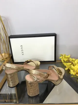 Gucci Screener Gold Black Glitter Platform Block Heel 5