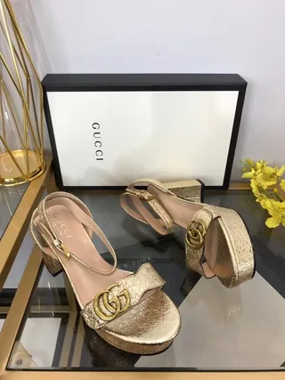 Gucci Screener Gold Black Glitter Platform Block Heel 6
