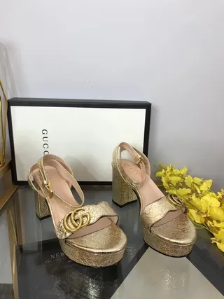Gucci Screener Gold Black Glitter Platform Block Heel 7
