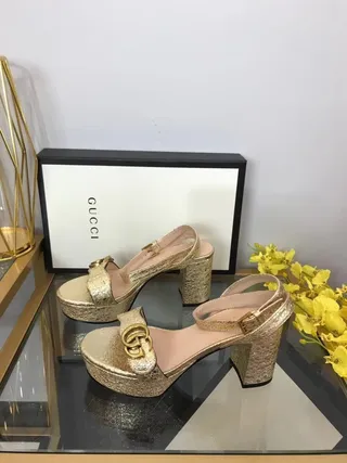 Gucci Screener Gold Black Glitter Platform Block Heel 8