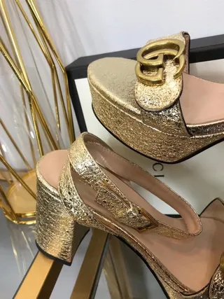 Gucci Screener Gold Black Glitter Platform Block Heel 9