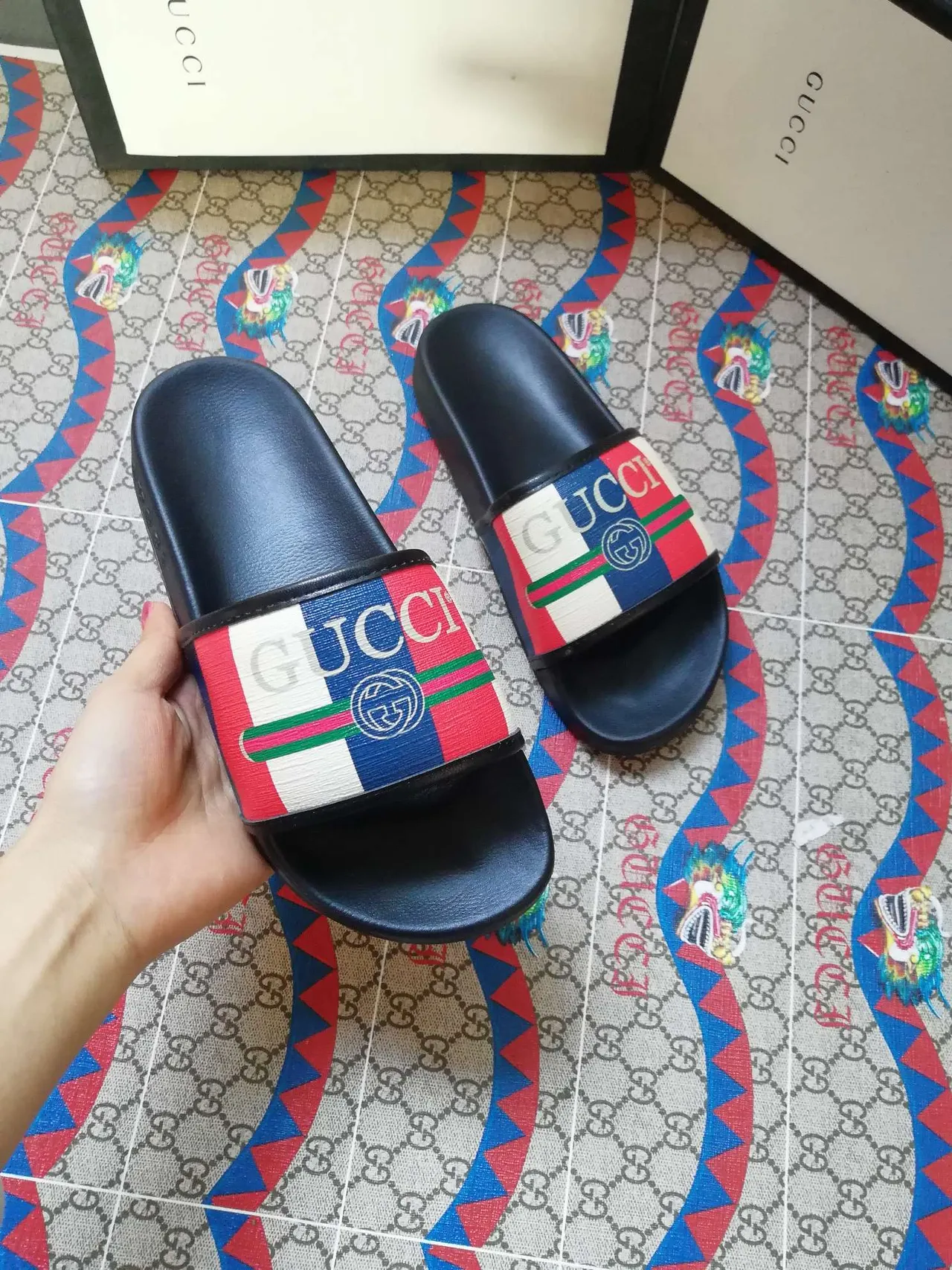 Gucci Screener Multicolor Web Strap Slippers 4