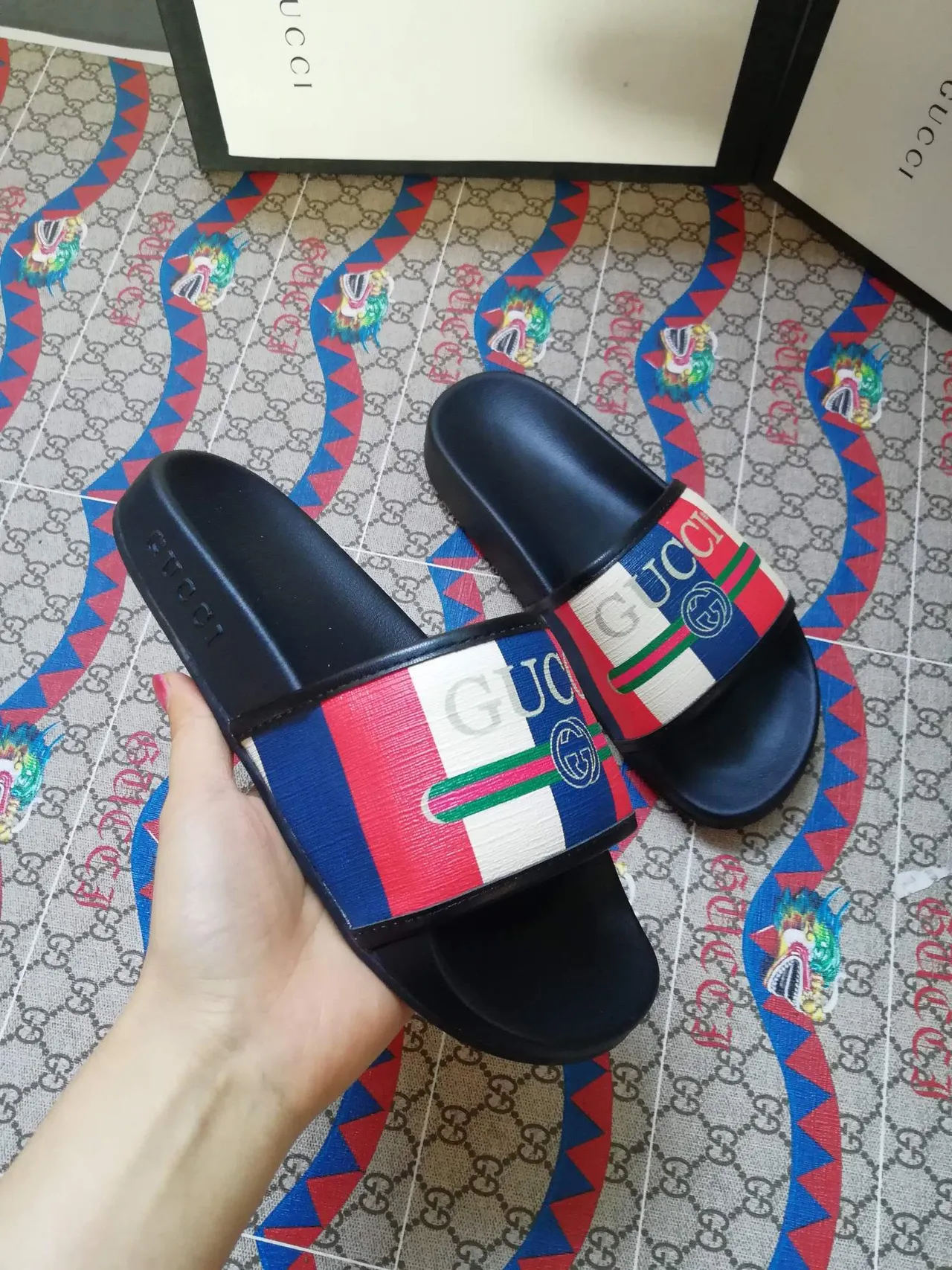 Gucci Screener Multicolor Web Strap Slippers 5