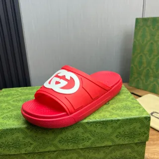 Gucci Screener Red and White Interlocking G Logo Slippers