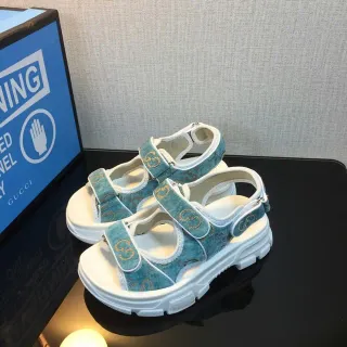 Gucci Screener Teal Denim GG-Embroidered Chunky Platform Casual Sandals
