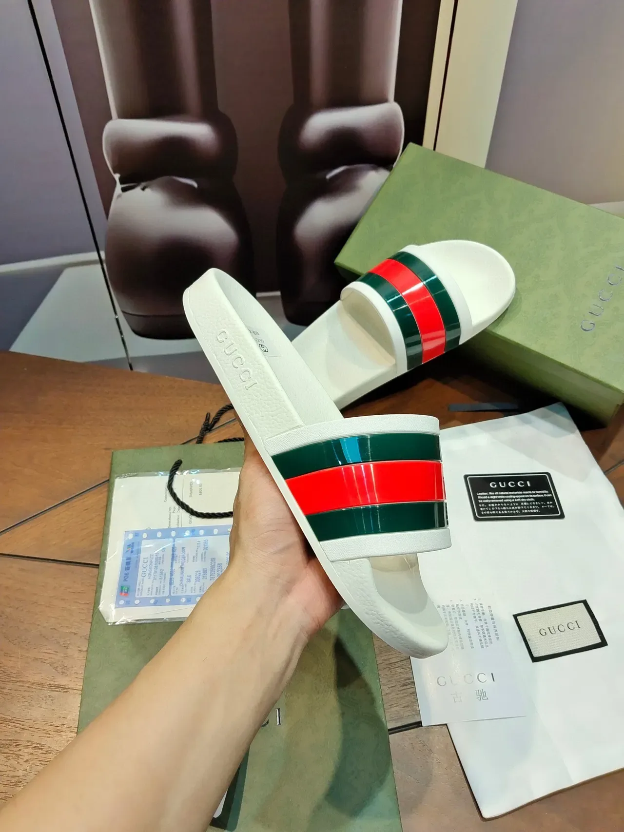 Gucci Screener White Green Red Web Stripe Slippers 3
