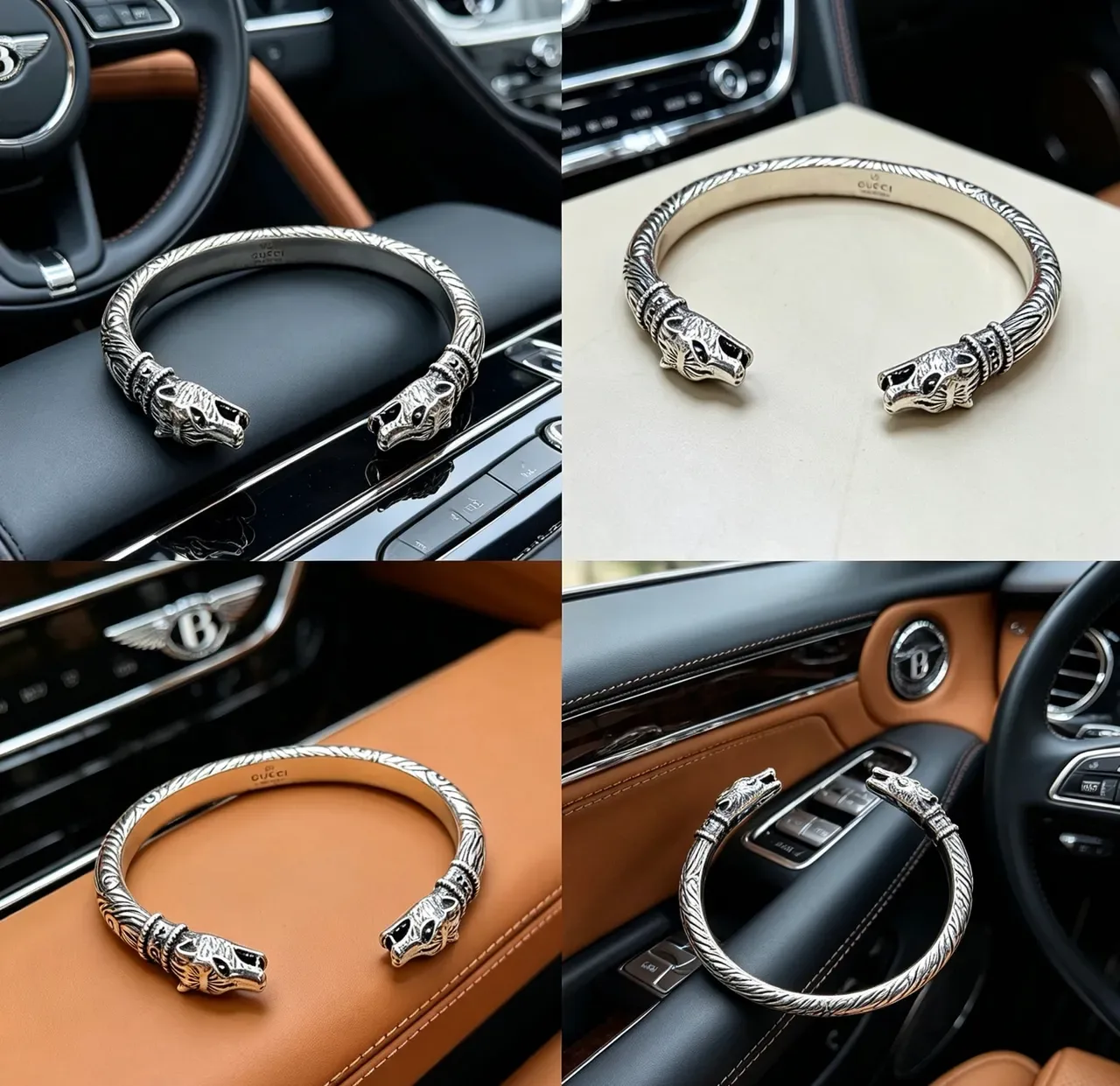 Gucci Silver Black Open Cuff Animal Head Terminals Bracelet 3