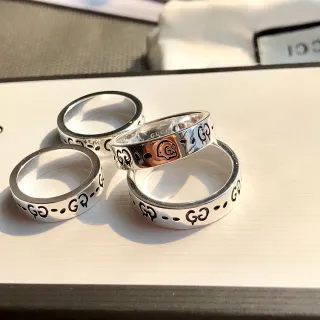 Gucci Silver Black Stackable Band Rings Enamel GG Motif Ring