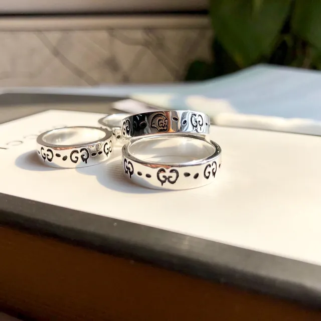 Gucci Silver Black Stackable Band Rings Enamel GG Motif Ring 2